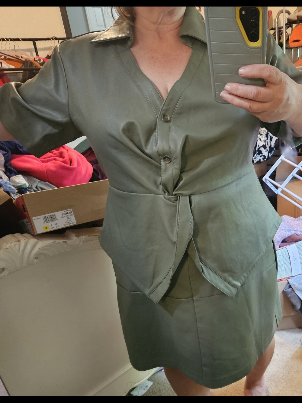 Eloquii Sage Green Faux Leather Twist Front Top And Skirt